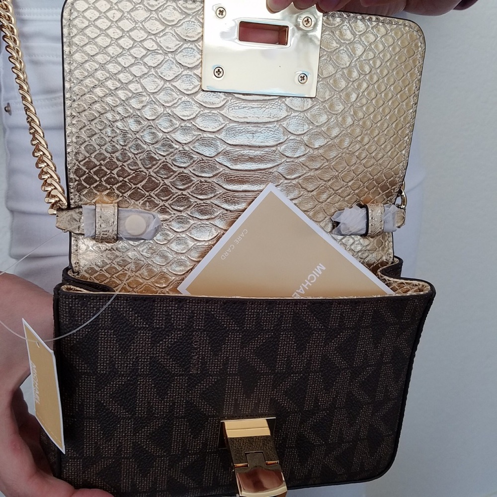 NWT MICHAEL KORS TINA SMALL CLUTCH BROWN CROSSBODY - Picture 6 of 8